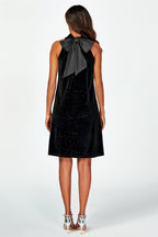 Silver Foil Velvet Halter Neck Tie Back Mini Dress In Black