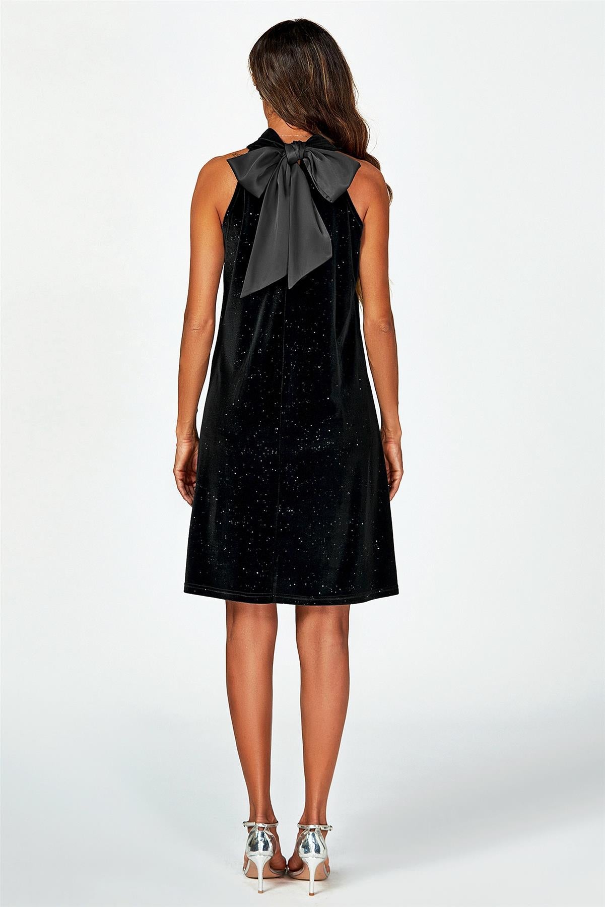 Silver Foil Velvet Halter Neck Tie Back Mini Dress In Black