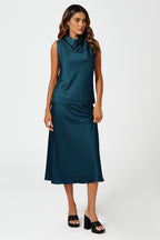 Teal Satin Midi Skirt