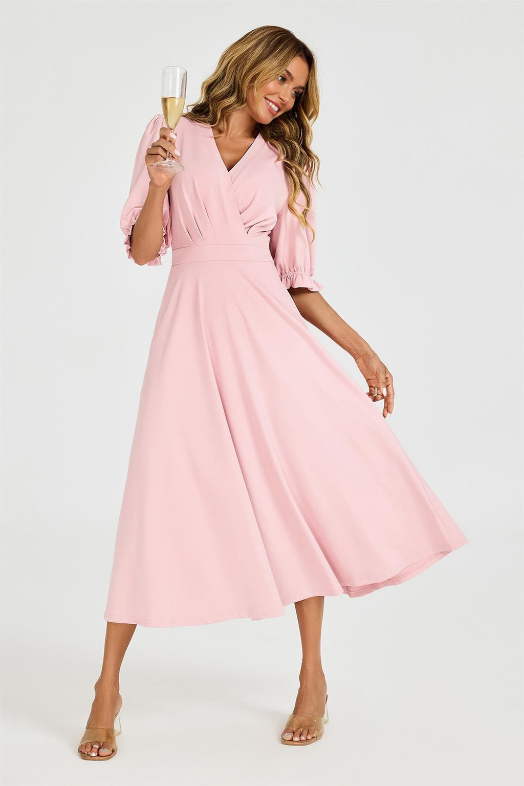 Half Sleeves Jersey Midi Dress with Wrap Neckline In Dusty Blush