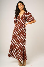 Dot Print Angel Sleeve V Neck Frill Hem Midi Dress In Brown