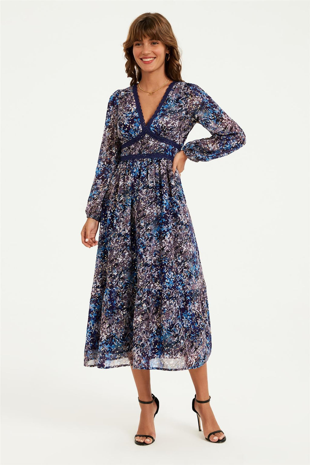Gold Foil Abstract Print Long Sleeve Midi Dress In Navy