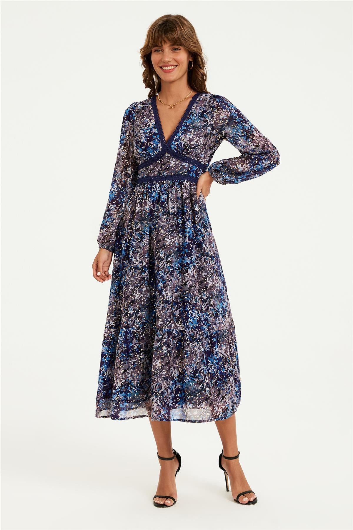 Gold Foil Abstract Print Long Sleeve Midi Dress In Navy