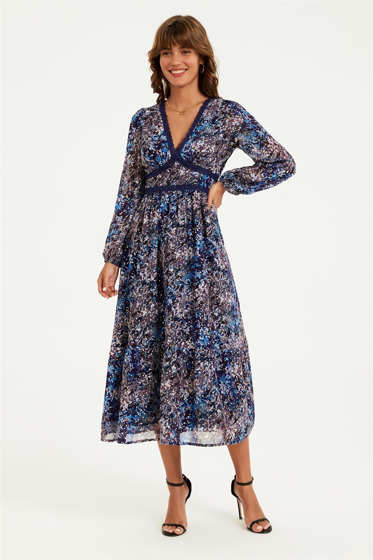 Gold Foil Abstract Print Long Sleeve Midi Dress In Navy