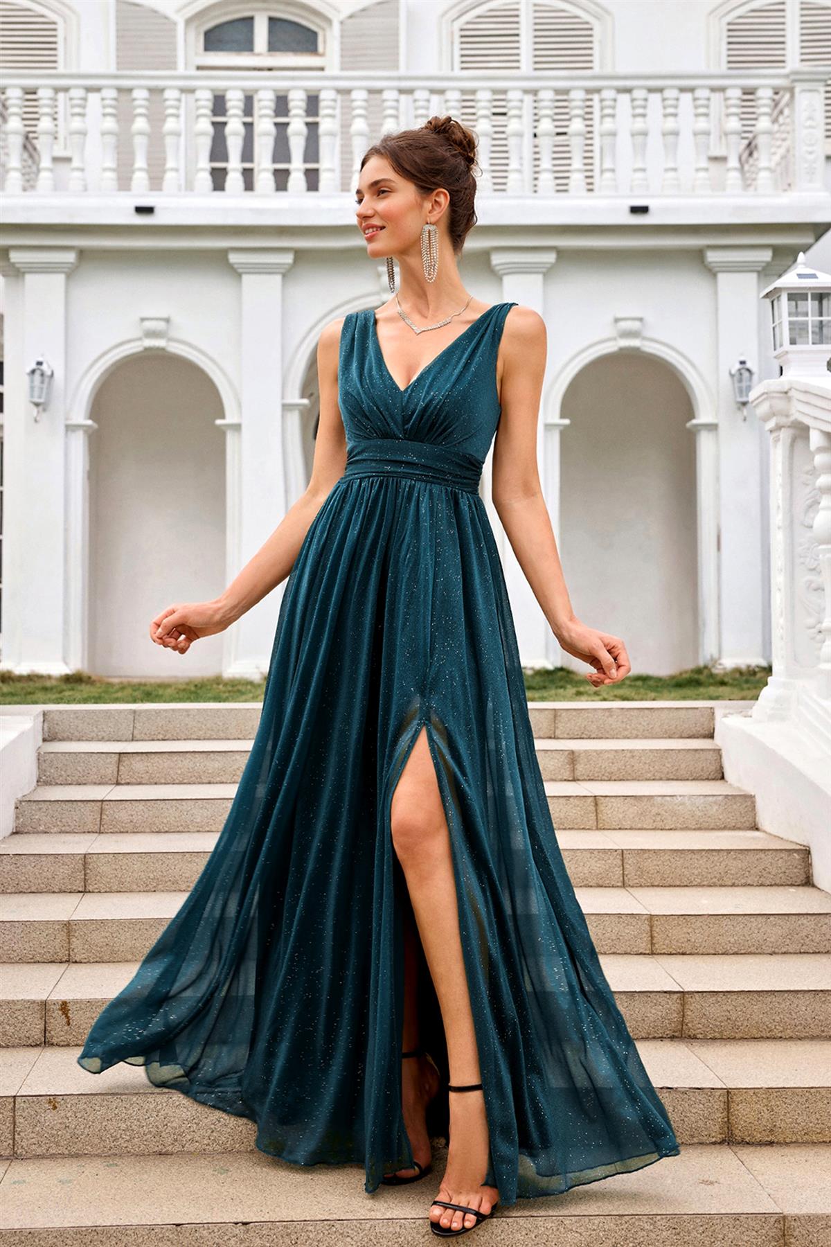 Sparkly V Neck Bridesmaid Maxi Dress In Teal