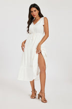 Frill Sleeve Lace Detail Midi Dress In White