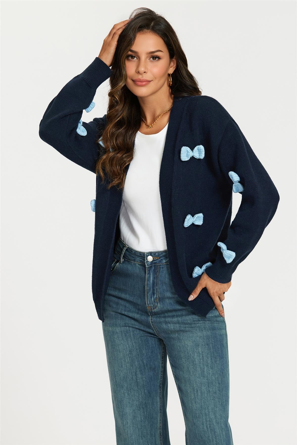 Light Blue 3D Bow Cardigan In Navy