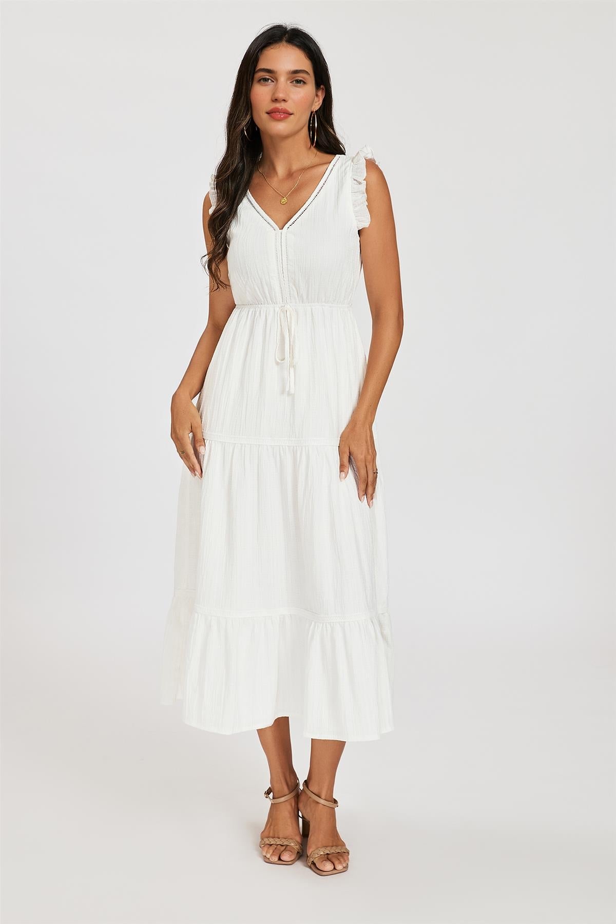 Frill Sleeve Lace Detail Midi Dress In White