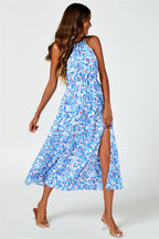 Tie Halterneck Floral Print Split Maxi Dress In Blue