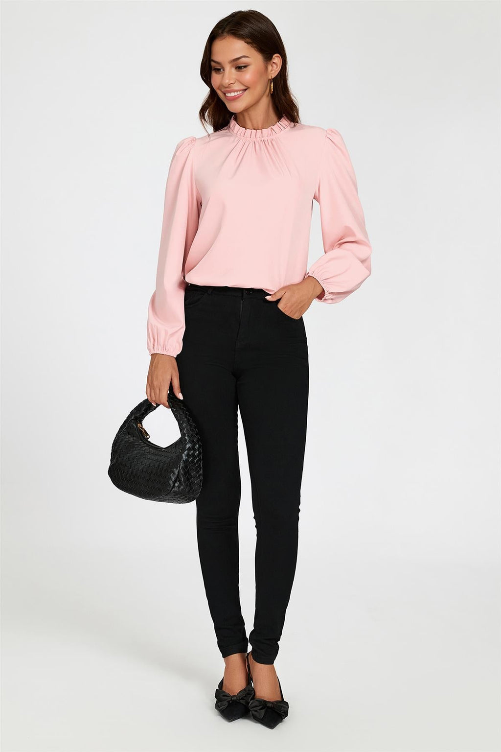 Floral Print Frill Detail High Neck Top In Pink