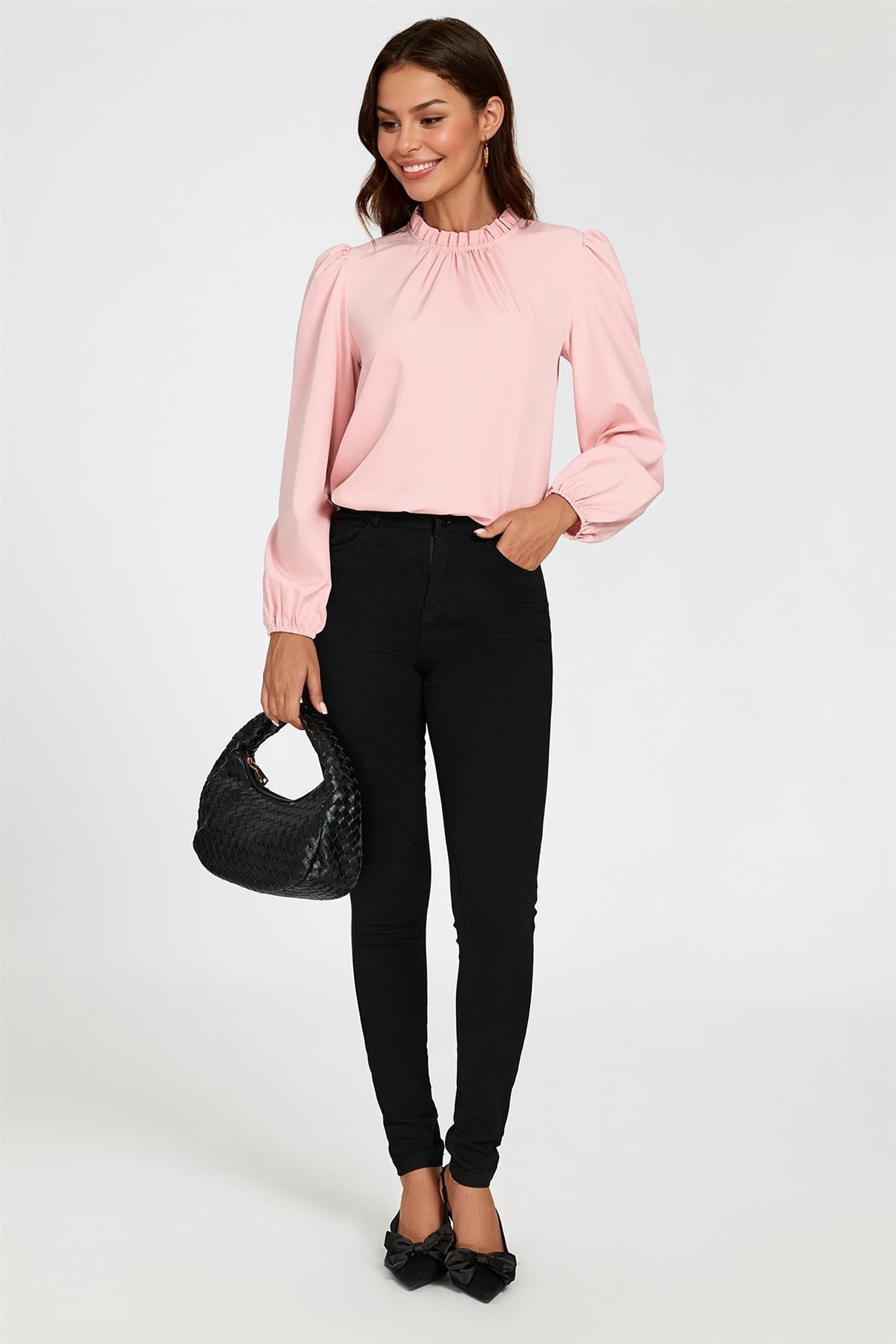 Floral Print Frill Detail High Neck Top In Pink