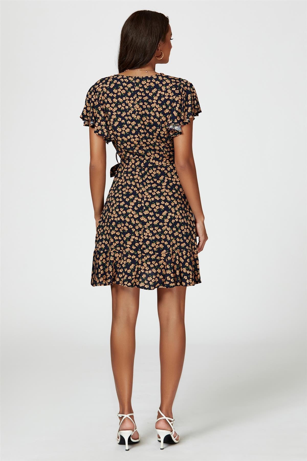 Robe cache-cœur à imprimé floral bleu marine