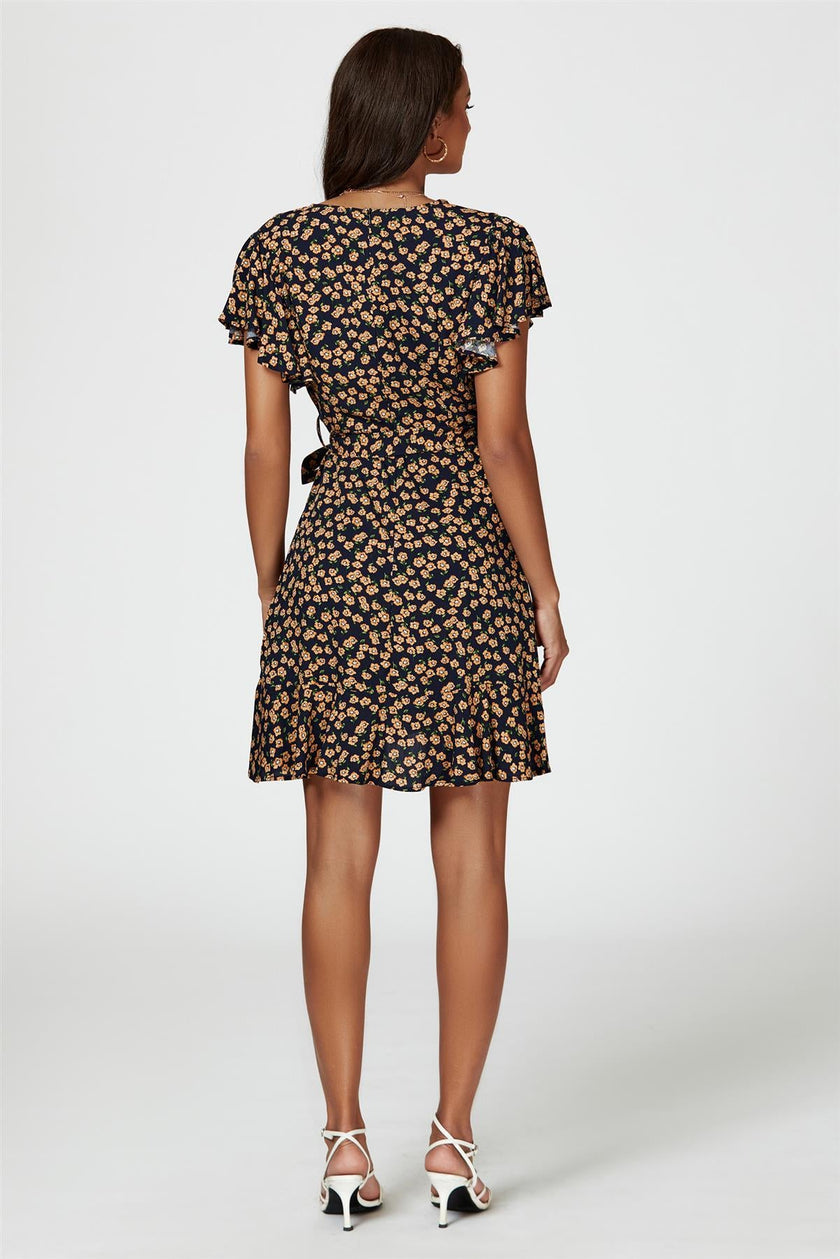 Robe cache-cœur à imprimé floral bleu marine