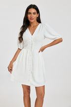Puff Sleeve Button Down Mini Dress In White