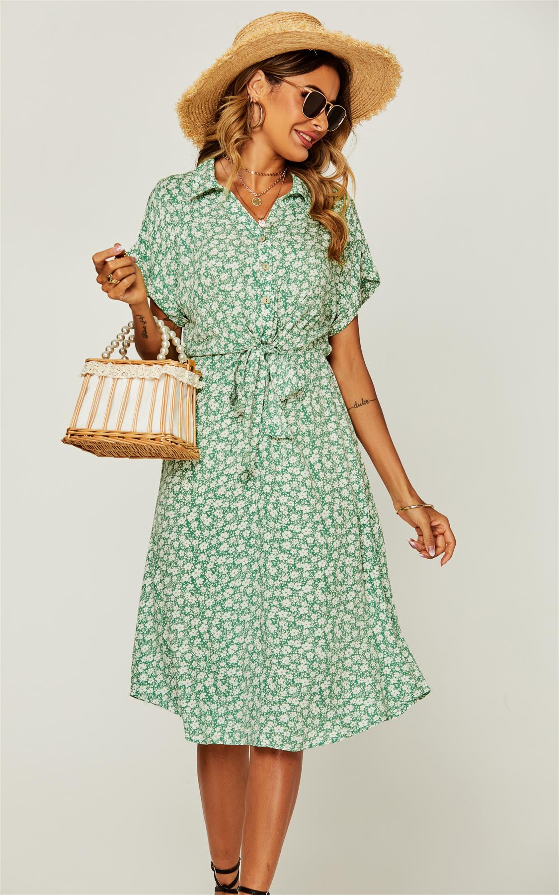 Relaxed Floral Print Button Down Midi Shirt Dress In Green
