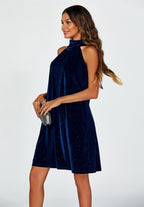 Silver Foil Velvet Halter Neck Tie Back Mini Dress In Navy