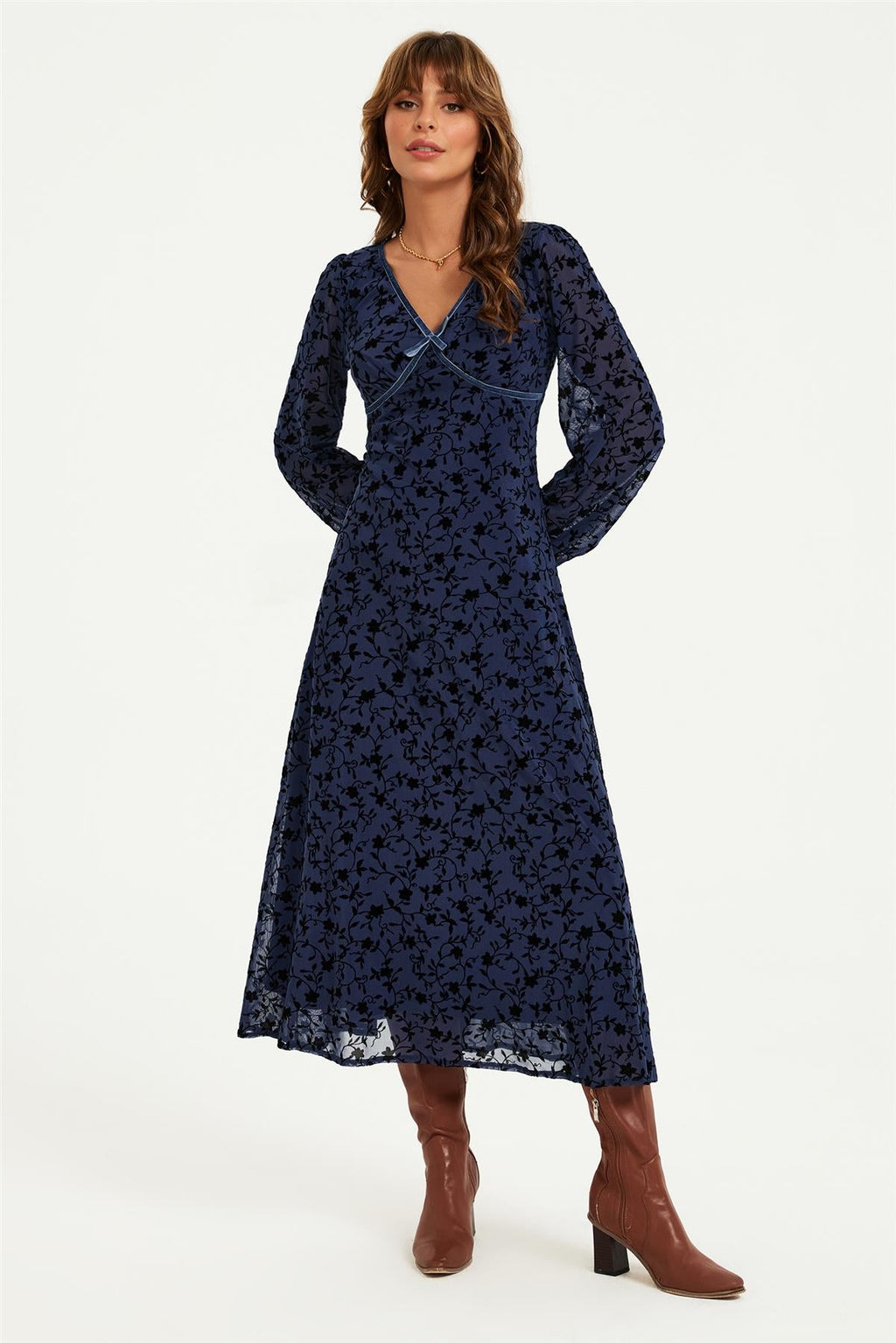 Floral Velvet Devore V Neckline Midi Dress In Navy