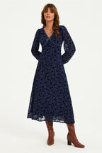 Floral Velvet Devore V Neckline Midi Dress In Navy