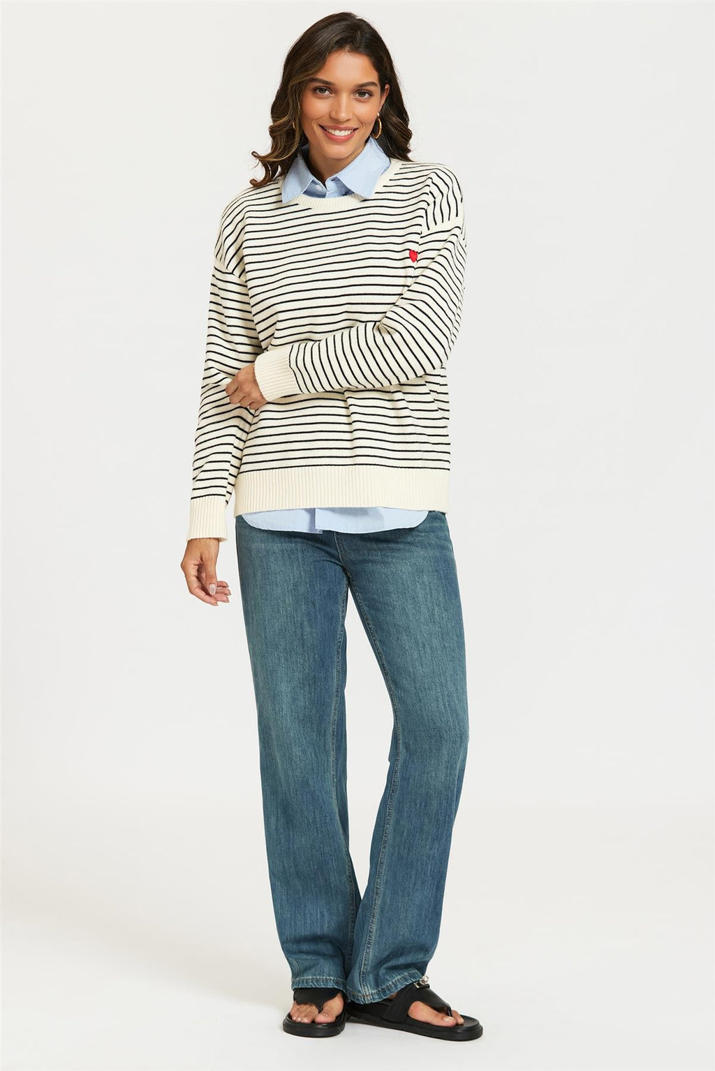 Little Heart Embroidery Stripe Pattern Jumper Top In White