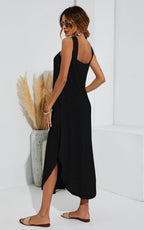 Leg Slip Halter Neck Curve Hem Midi Dress In Black