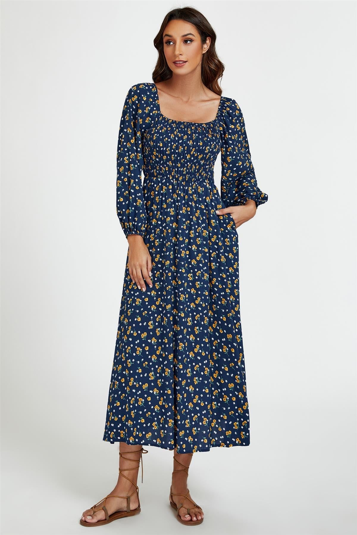 Robe longue à encolure carrée et imprimé floral bleu foncé