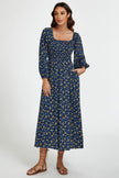 Robe longue à encolure carrée et imprimé floral bleu foncé
