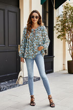 Floral Print long sleeve Blouse Top In Blue