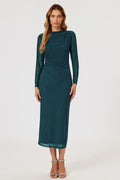Long Sleeves Mesh Midi Dress In Teal