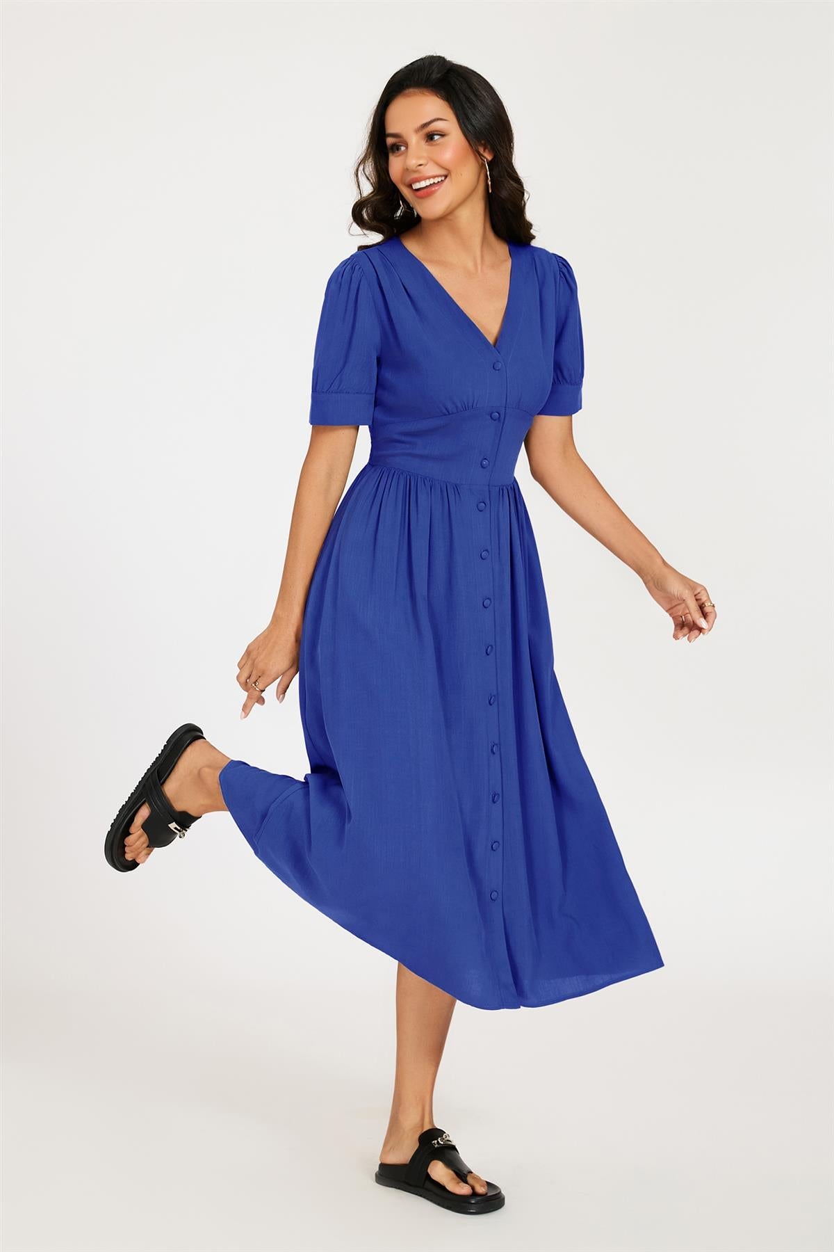 Button Front Short Sleeve Midi Dress In Blue