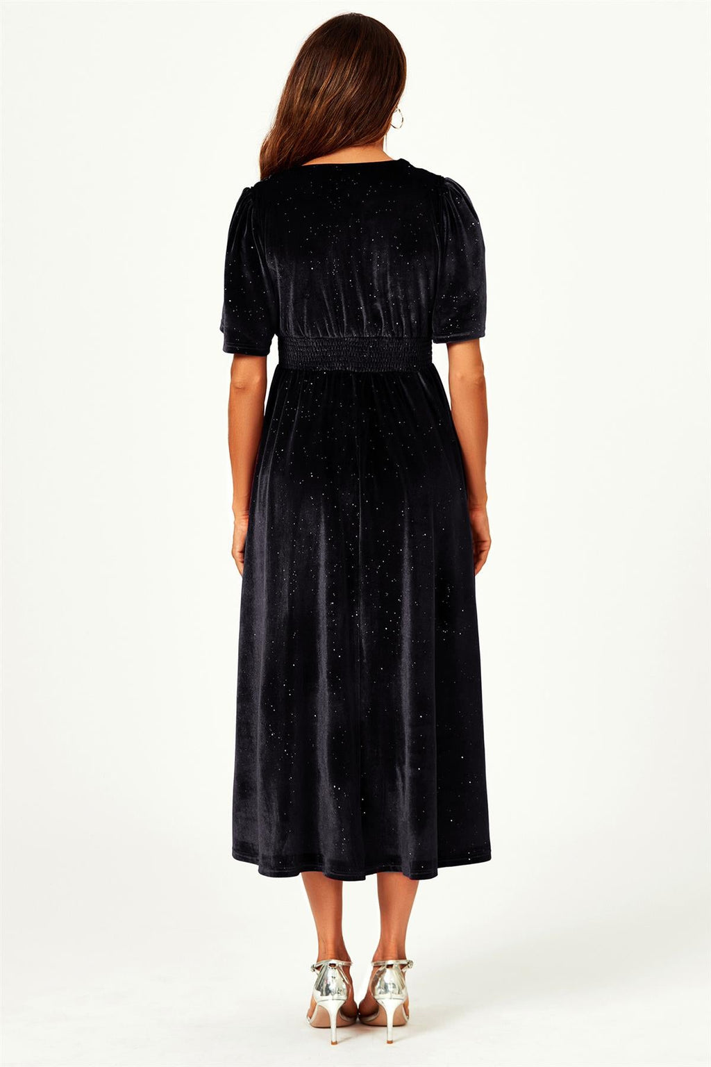 V Neck Velvet Midi Dress In Black