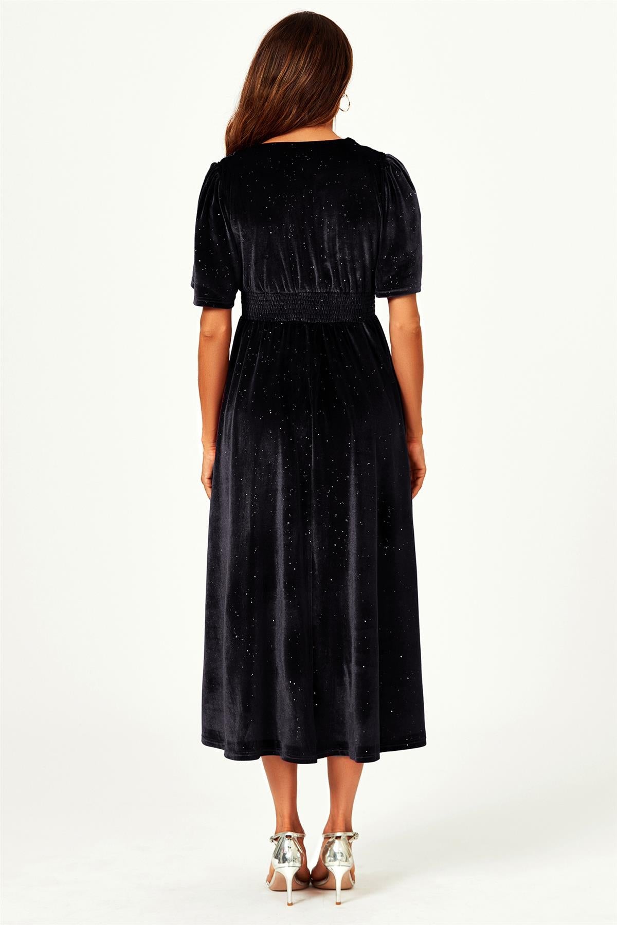 V Neck Velvet Midi Dress In Black