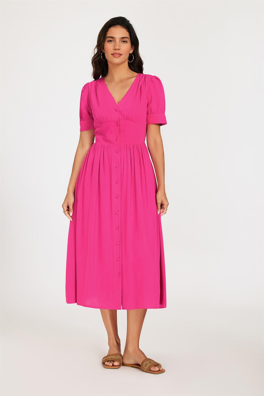 Button Front Short Sleeve Midi Dress In Hot Pink