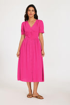 Button Front Short Sleeve Midi Dress In Hot Pink