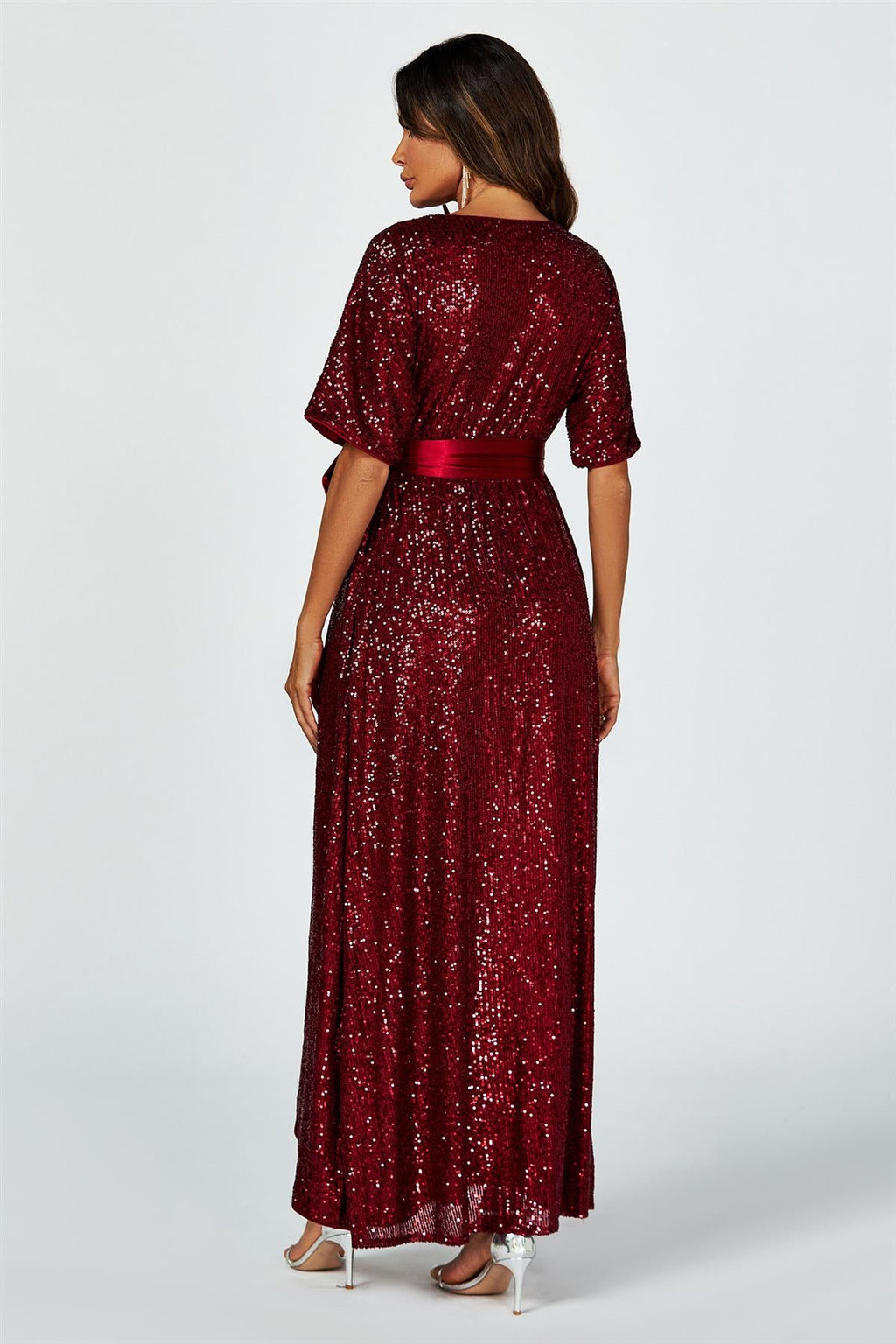 Wrap Style Sequin Maxi Dress In Wine