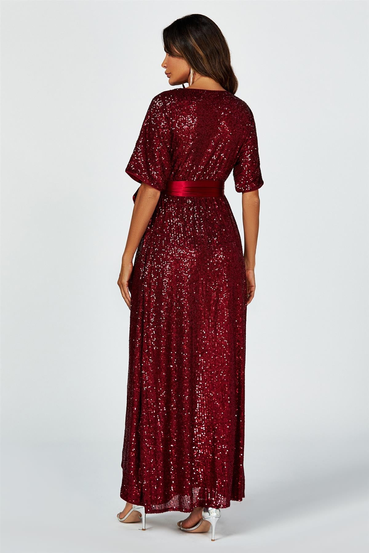 Wrap Style Sequin Maxi Dress In Wine