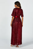 Wrap Style Sequin Maxi Dress In Wine