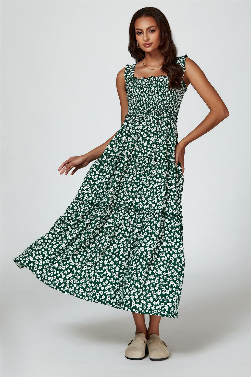 Floral Print Hem Detail Tiered Maxi Dress In Green