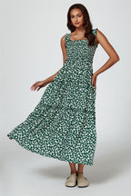 Floral Print Hem Detail Tiered Maxi Dress In Green