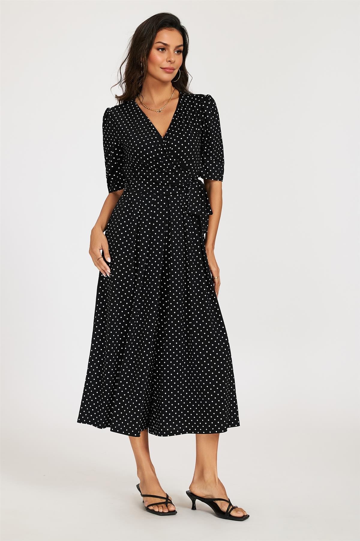 Dot Print Short Sleeve Jersey Jumpsuit In Black