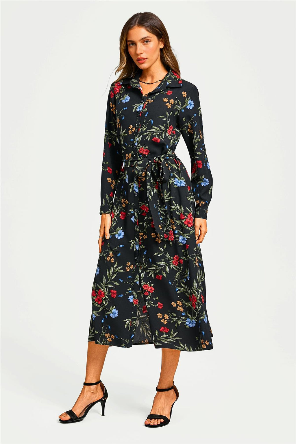 Black Floral Print Shirt Midi Dress With Tie Waist + Gold Stretch Leaf Belt