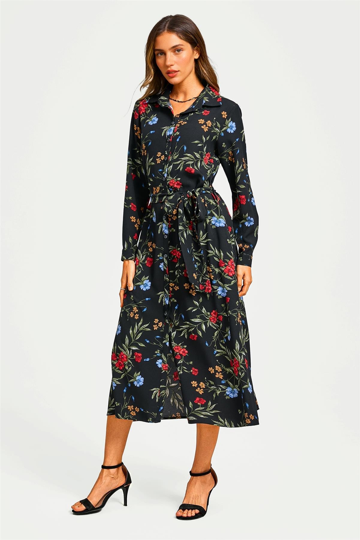 Black Floral Print Shirt Midi Dress With Tie Waist + Gold Stretch Leaf Belt