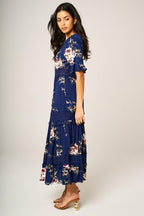 Floral Print V Neck Lace Detail Midi Dress In Navy