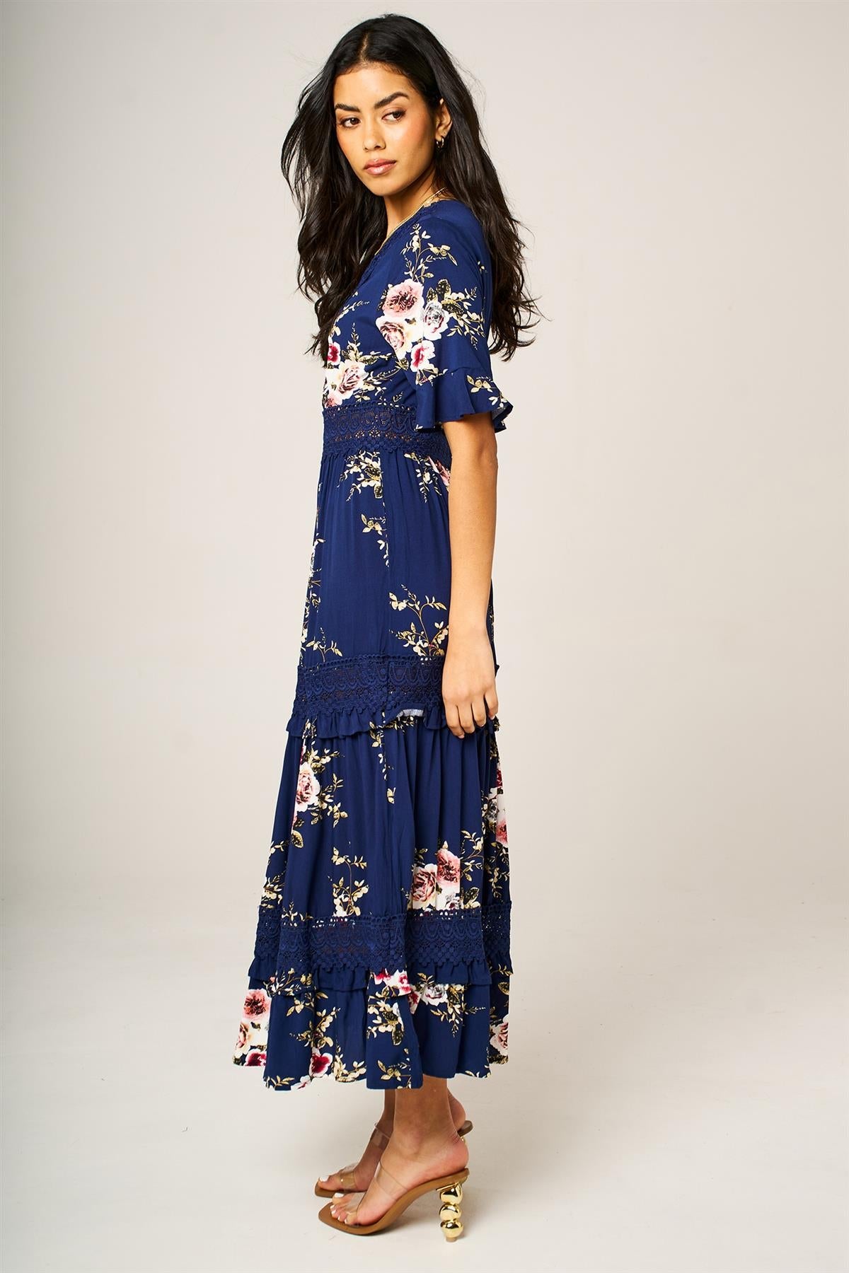 Floral Print V Neck Lace Detail Midi Dress In Navy