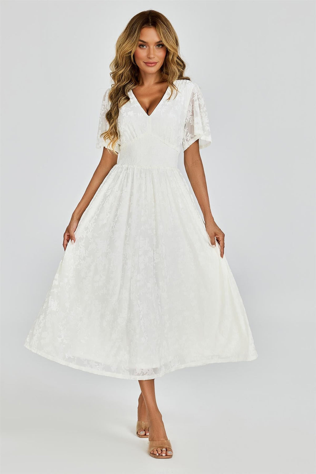 Off White Velvet Burnout V-Neck Angel Sleeve Midi Dress