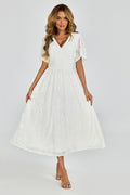 Off White Velvet Burnout V-Neck Angel Sleeve Midi Dress