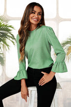 Polka Dot Print Frill Detail Cuff Top In Green