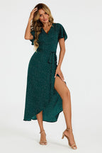 Polka Dot Print Wrap Dress In Green