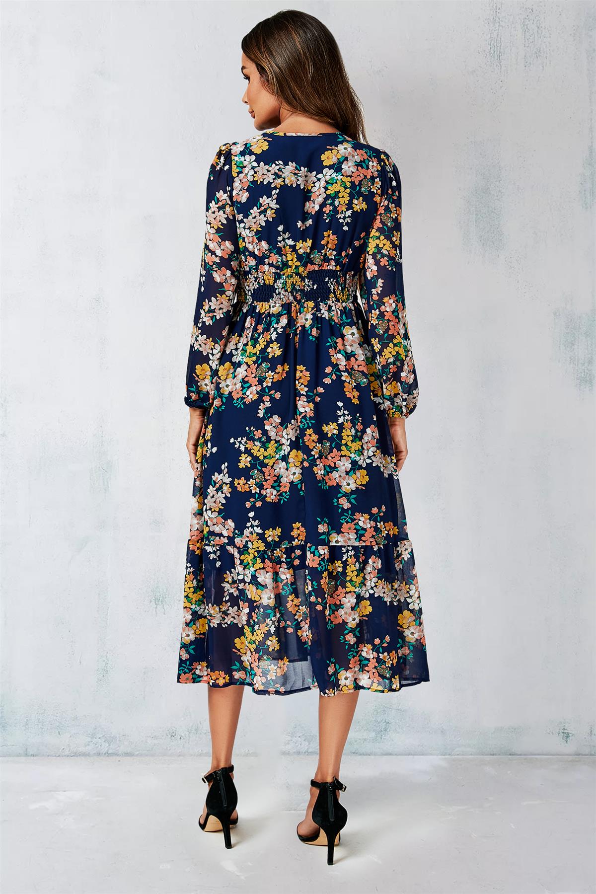 Robe longue à manches longues imprimé floral bleu marine