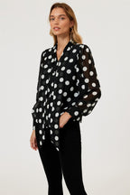 Dot Print Tie Detail long sleeve Blouse Top In Black