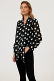 Dot Print Tie Detail long sleeve Blouse Top In Black
